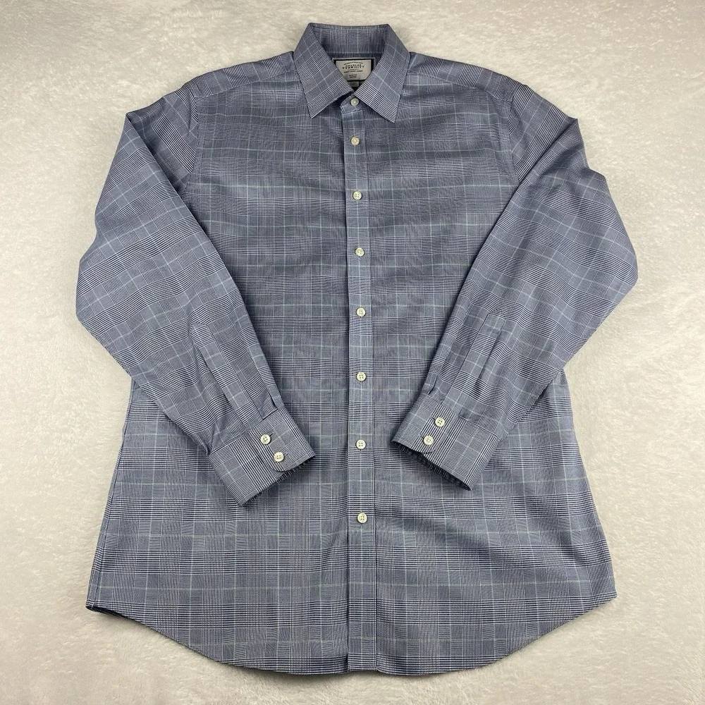 Charles Tyrwhitt Dress Shirt Mens 17-35 Blue/Green Plaid Slim Fit No Iron